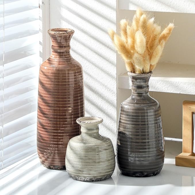 Ceramic Vases Set of 3, Neutral Rustic Farmhouse Vases Home Decor Decorative - Image 6