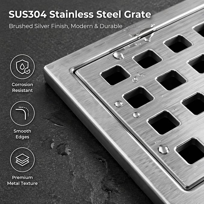 4" Brushed Silver Shower Drain, Square Shower Floor Drain - Image 5