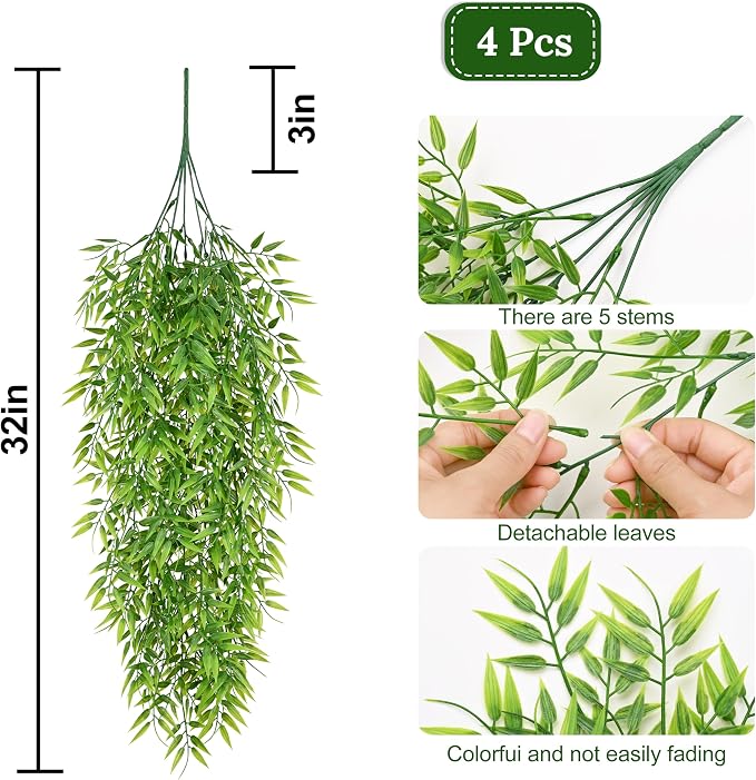 4Pcs Artificial Hanging Plants, Fake Willow Leaves Vines | UV Resistant Faux - Image 2