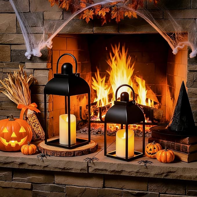Lanterns Decorative Indoor 15" 11" Set of 2 Black Metal Lantern - Image 5