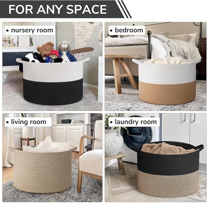 INDRESSME 115L Extra Large Woven Rope Blanket Basket Living Room WhiteBlack | - Image 4