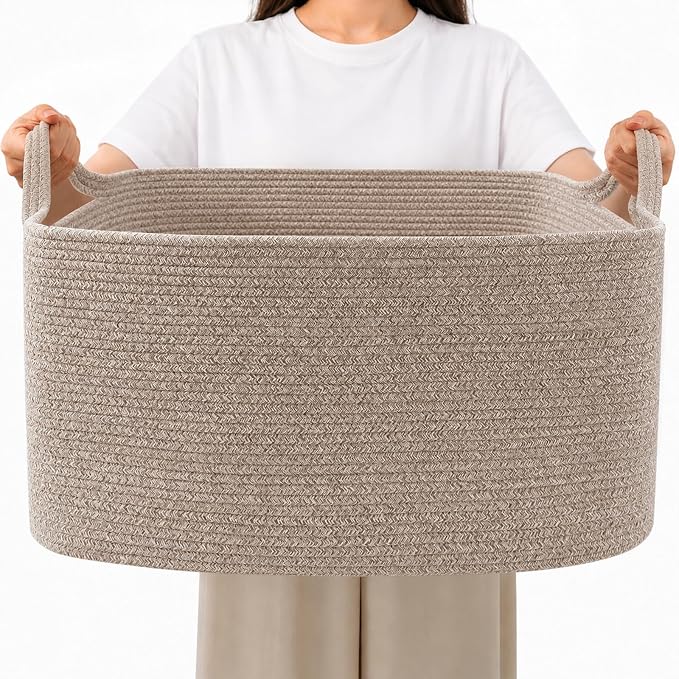 65L Large Laundry Basket with Handles, Woven Blanket Basket, Living Room by HZFTJOY