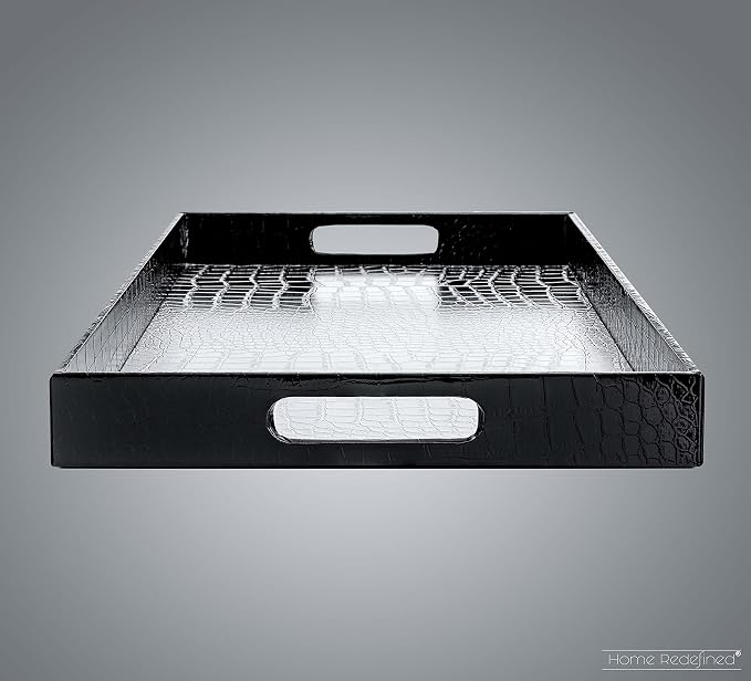Home Redefined 17.5"x12" Silver & Black Glossy Crocodile Faux Leather Serving - Image 4