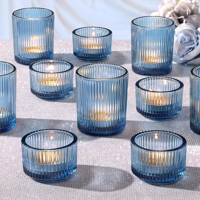 NITIME 20pcs Ribbed Blue Votive Candle Holders, Wedding Table Settings and by NITIME
