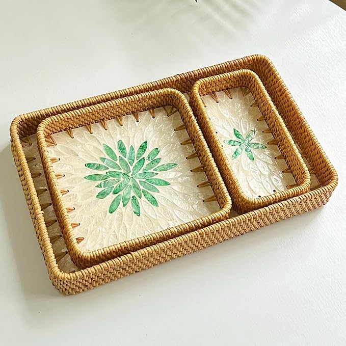 i-lan Set of 3 15" Rectangular Rattan and Mother of Pearl Serving Tray - Image 7