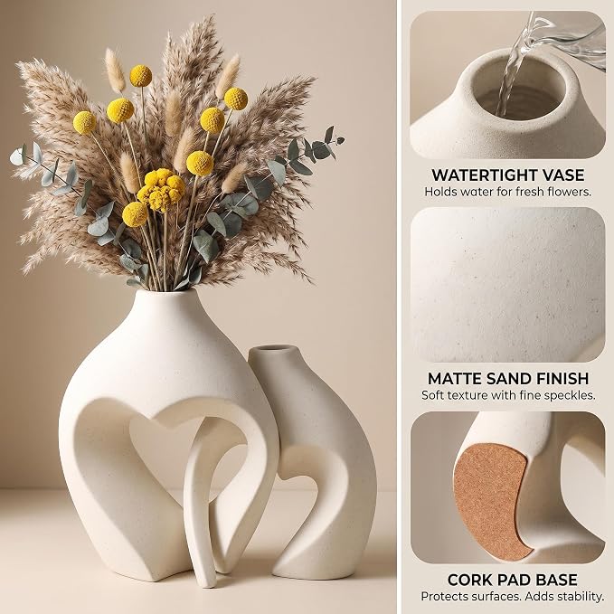 White Ceramic Flower Vase Home Table Decor Heart Shaped Vase Set of 2 | Boho - Image 3