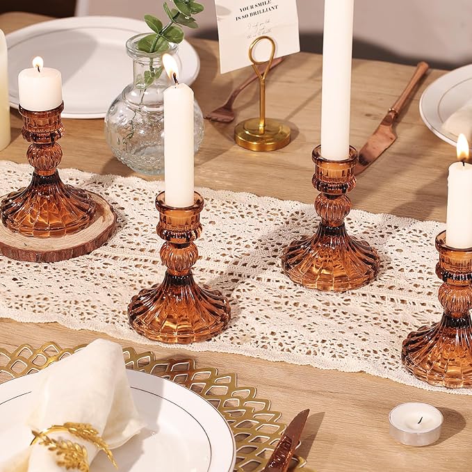 12PCS Amber Candlestick Holders Set- 4" H Taper Candle Holders, Glass Candle - Image 3