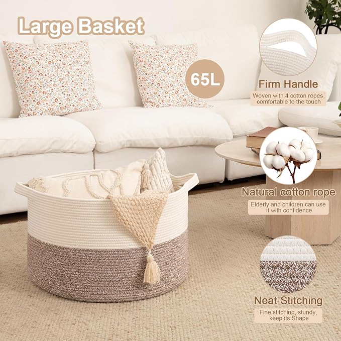 OIAHOMY Large Blanket Basket for Living Room, 19.7" x 12.6" Woven Cotton Rope - Image 4