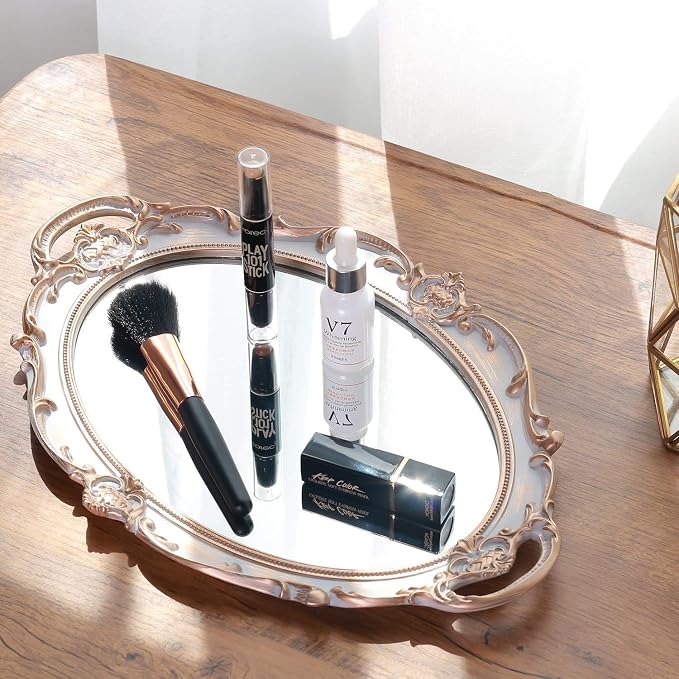 Polyresin Ellipse Antique Decorative Mirror Tray, Makeup Organizer, Jewelry - Image 4