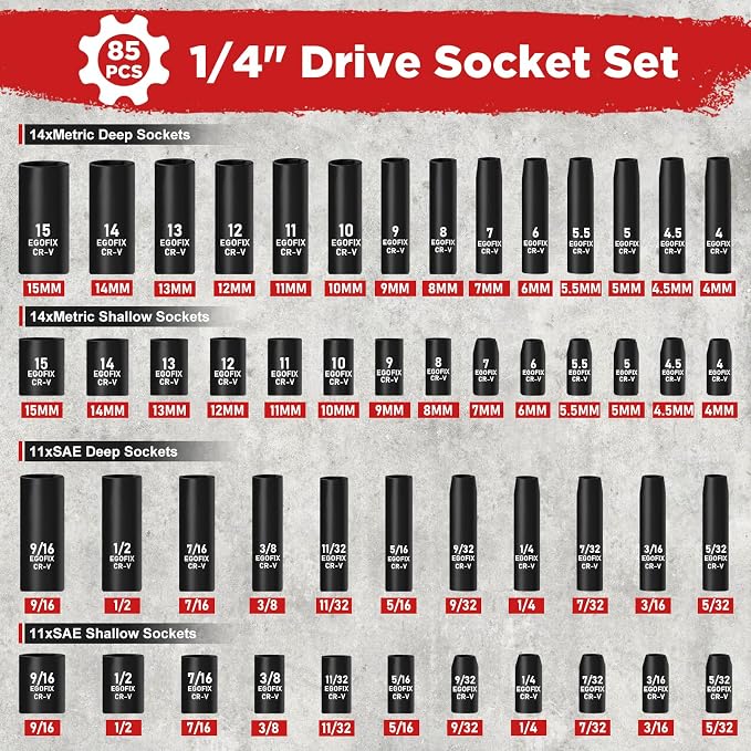 1/4" Socket Set 85 Piece, Metric Shallow/Deep Sockets and SAE Shallow/Deep - Image 2