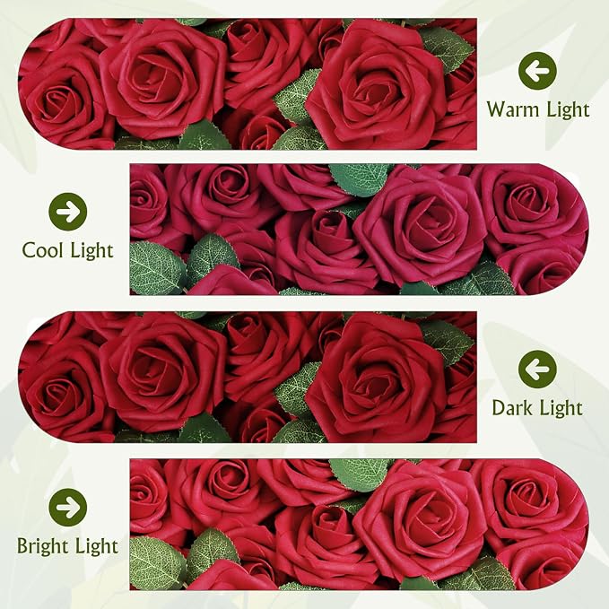 AmyHomie Dark Red Rose 25pcs Real Looking Artificial Flowers w/Stem | Bouquet - Image 5