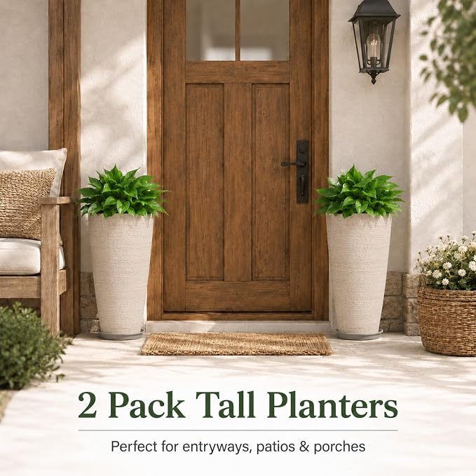 Neoaider Set of 2 Tall Planter, 21 inch Large Plastic Planter, Oat Color | - Image 4