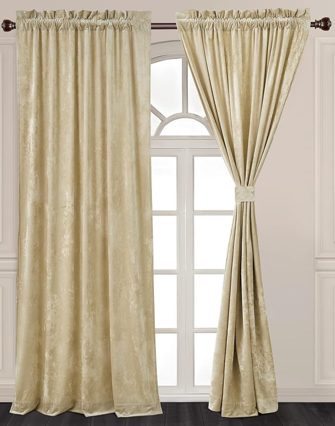Chezmoi Collection Lux Beige Crushed Velvet Curtains 2 Panel Set - Image 2