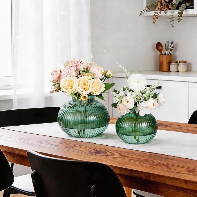 Green Glass Vases for Tulips, Flower Vases for Bouquet, Ribbed Glass Vase for - Image 4