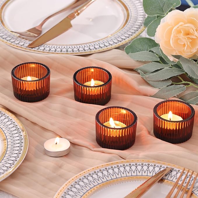 24 Pack Amber Tealight Candle Holders, Glass Votive Candle Holders | Fall - Image 4