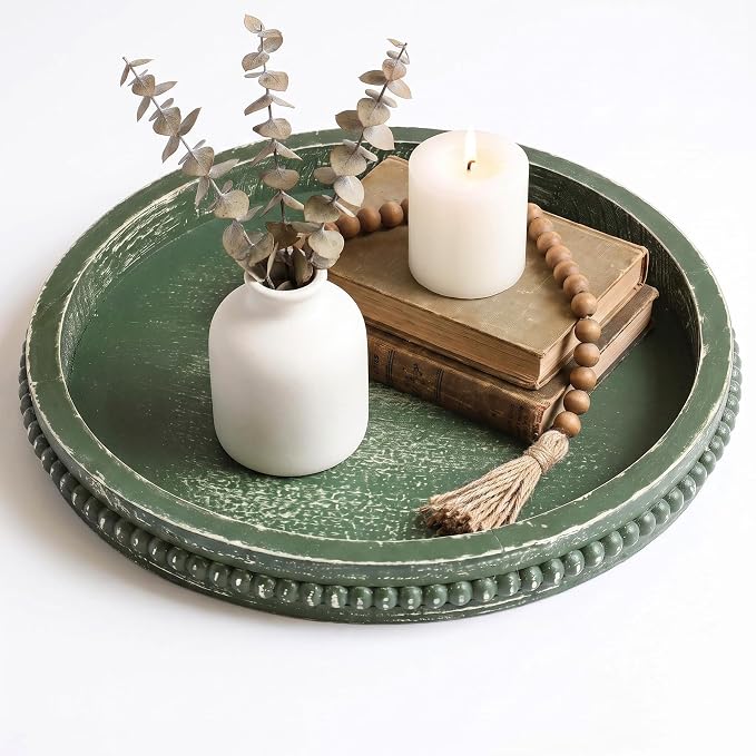 Hrastany Round Green Wood Decorative Tray, Coffee Table Tray by Hrastany