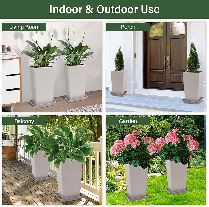 Neoaider Set of 2 Tall Planter, 21 inch Large Plastic Planter, Light Gray | - Image 6