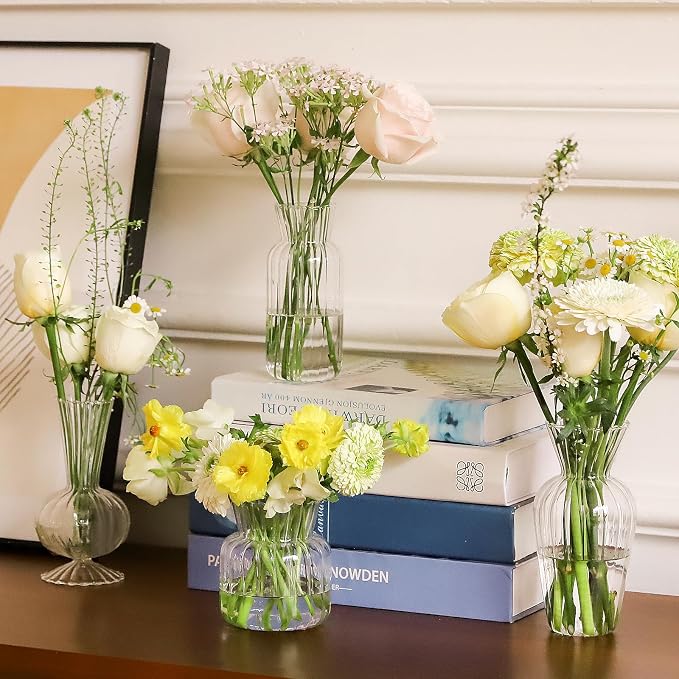 12 Pcs Ribbed Glass Bud Vases Set, 4 Styles Clear Small Flower Vases | Mini - Image 6
