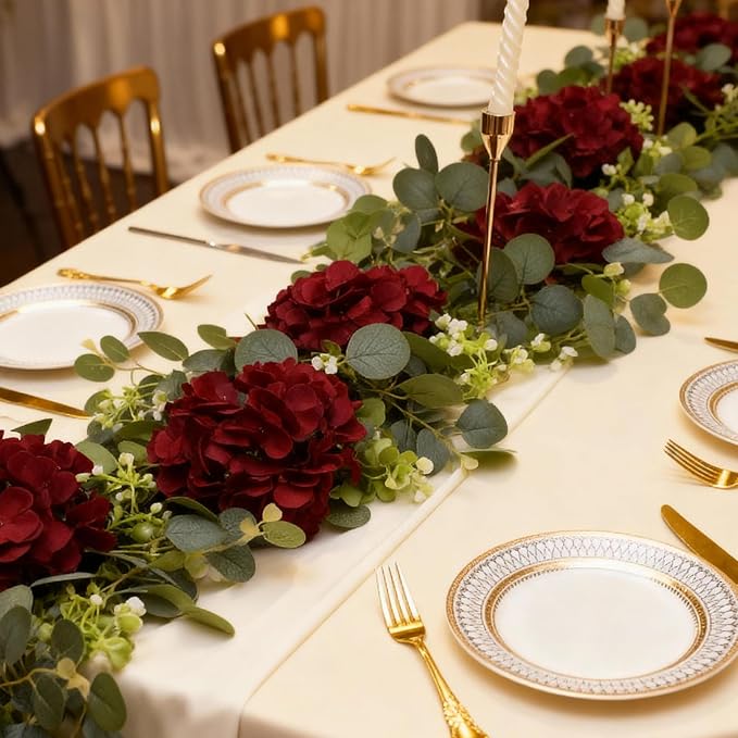 AVIVIHO 65Pcs Fake Flowers Burgundy Hydrangea Artificial Flowers Bulk Silk - Image 2