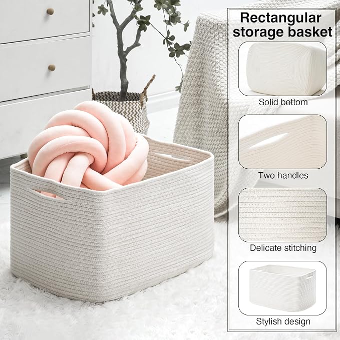 ICERZCZ Large Rectangle Blanket Basket, Large Storage Basket, Cotton Rope Woven - Image 4