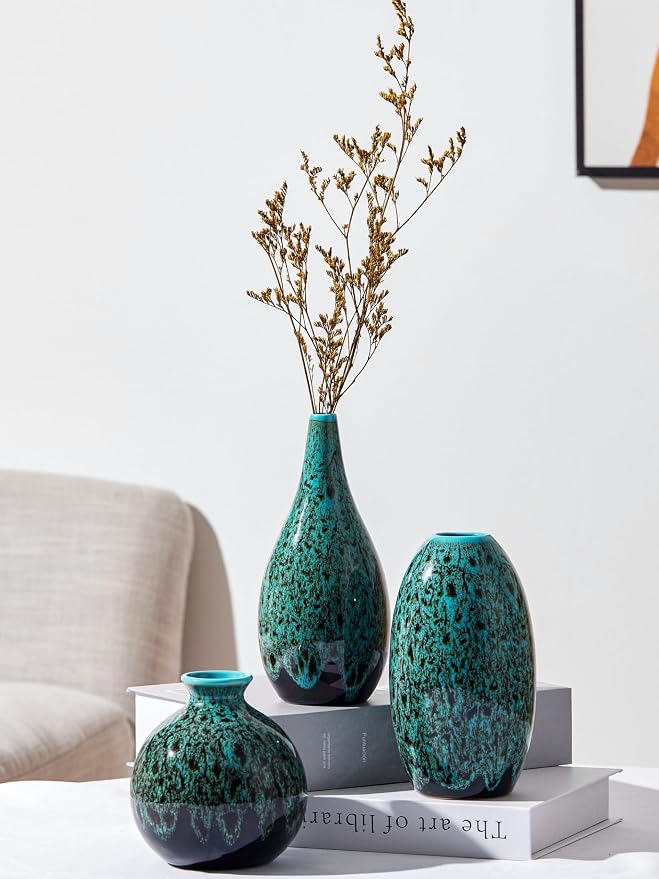 Ceramic Bud Vase Set, Fambe Blue Glazed Finish, Decorative Flower Vases - Image 2
