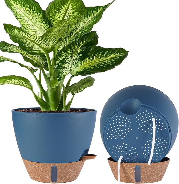 2 Pack 10 inch Plant Pots, Plastic Self Watering Planters | Drainage Holes by Fielda