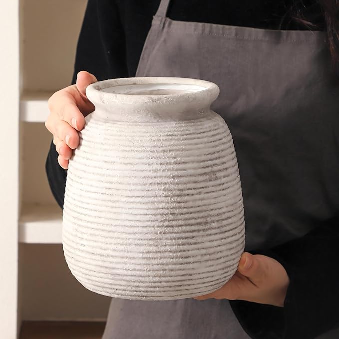 Ceramic Flower Vase, Rustic Farmhouse Decorative Vase Pottery Wide-Mouth Vases - Image 3