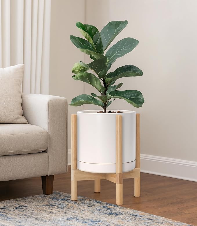 D'vine Dev Ceramic Pot with Natural Wood Stand, 10 in, 55-B-K-8 | Mid-Century - Image 2