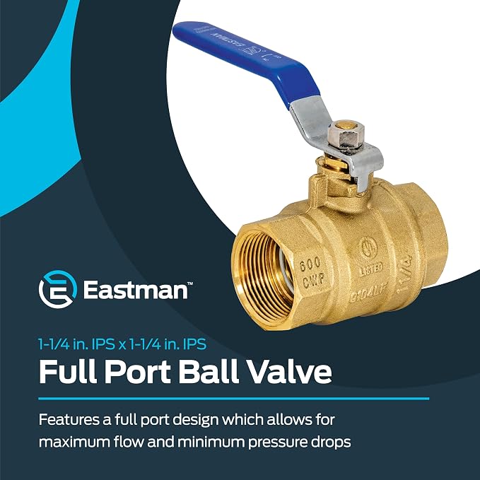 Eastman 1-1/4 Inch IPS Heavy Duty Full Port Ball Valve, Brass Plumbing Fitting - Image 2