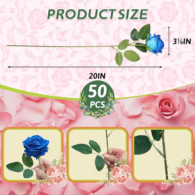 50 PCS Fake Blue Roses, Artificial Blue Flowers, Realistic Silk Faux Roses | - Image 2