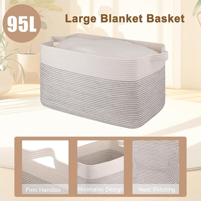 OIAHOMY Extra Large Blanket Basket, 95L Cotton Rope Woven Laundry Basket - Image 4