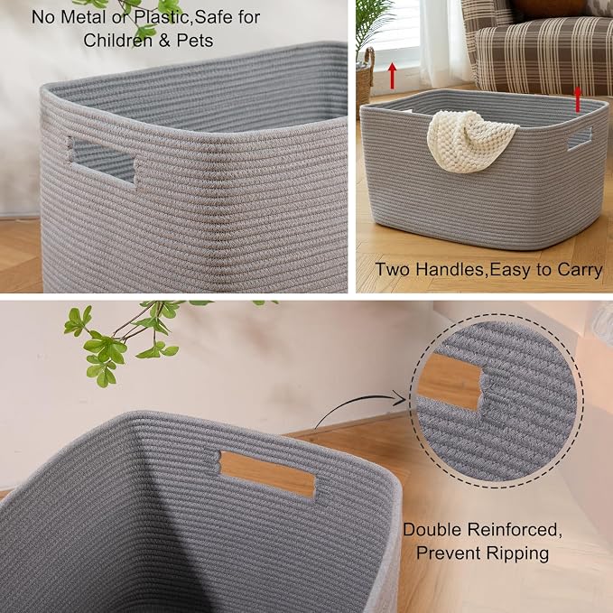 OIAHOMY XXLarge Rectangle Blanket Basket-96L, Cotton Woven Basket - Image 4