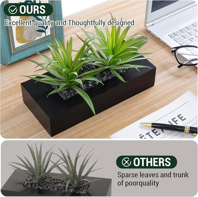 MyGift 10 Inch Fake Green Grass Plant in Rectangular Black Wood Planter | Faux - Image 6