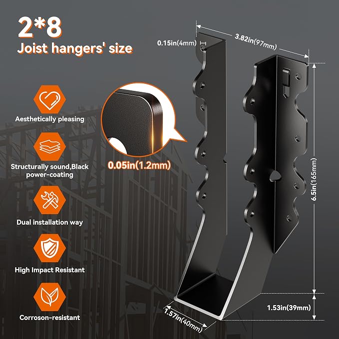 25 Pcs Black Joist Hangers 2x8, 18 Gauge Rafter Brackets, Hurricane Straps - Image 8