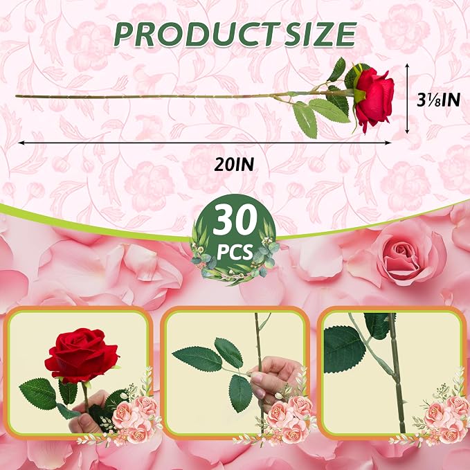 30 PCS Fake Red Roses, Artificial Flowers Bulk, Silk Faux Red Roses | Realistic - Image 2