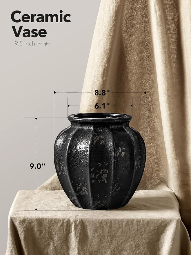LE TAUCI 9" Ceramic Vase, Artisan Large Black Ceramic Vase - Image 2