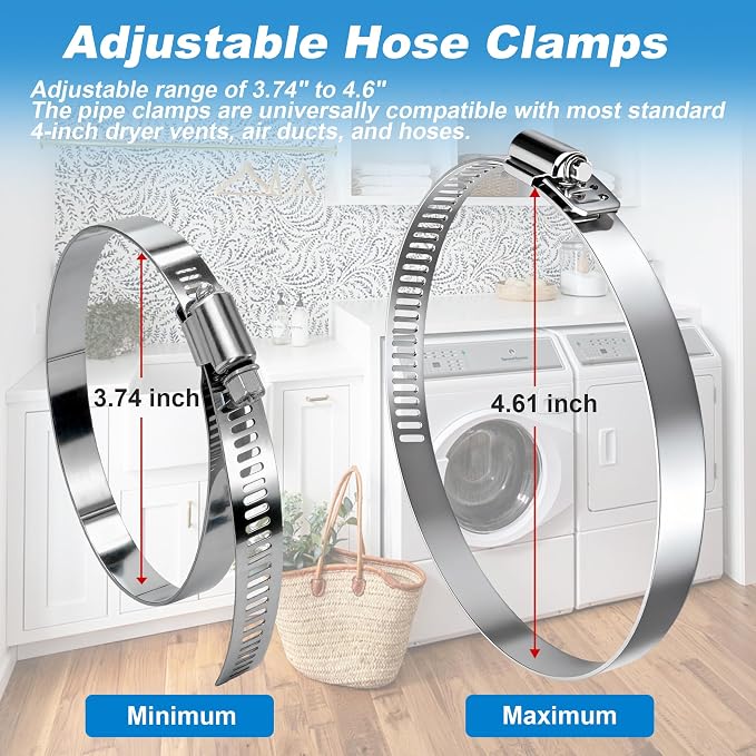 Stainless Steel Hose Clamps 2 Pack, Adjustable 3.7"-4.6" Worm Gear Hose Clamps - Image 2