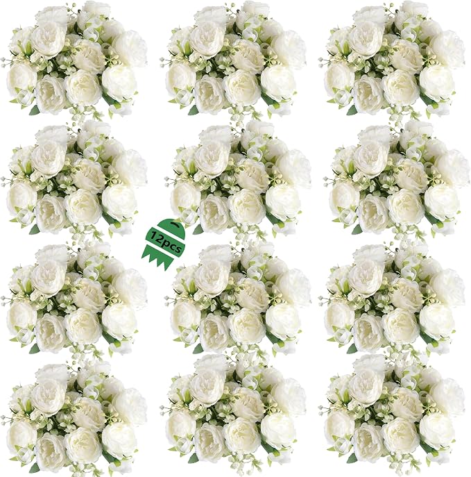 12 Bundles Peonies Artificial White Flowers Bouquet, Lifelike Silk Fake Peonies by Unknown