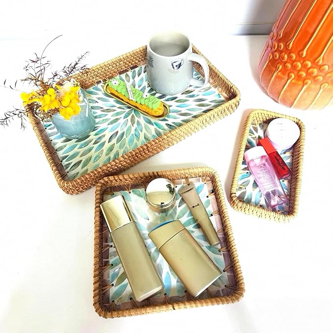 i-lan Set of 3 15" Rectangular Rattan and Mother of Pearl Serving Trays | Blue - Image 6