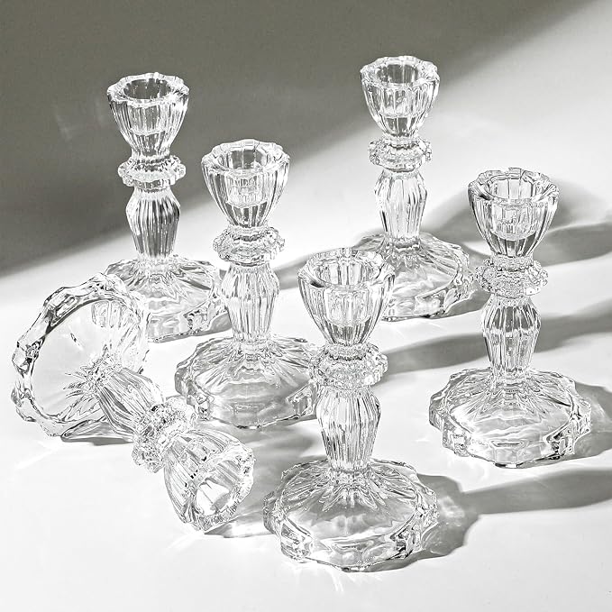 4.33" Tall Glass Candlestick Set of 6 Clear Crystal Candle Holders | by SHOHAYTO