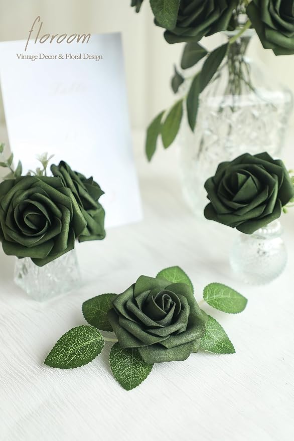 Artificial Flowers 25pcs Real Looking Emerald Green Foam Fake Roses - Image 4
