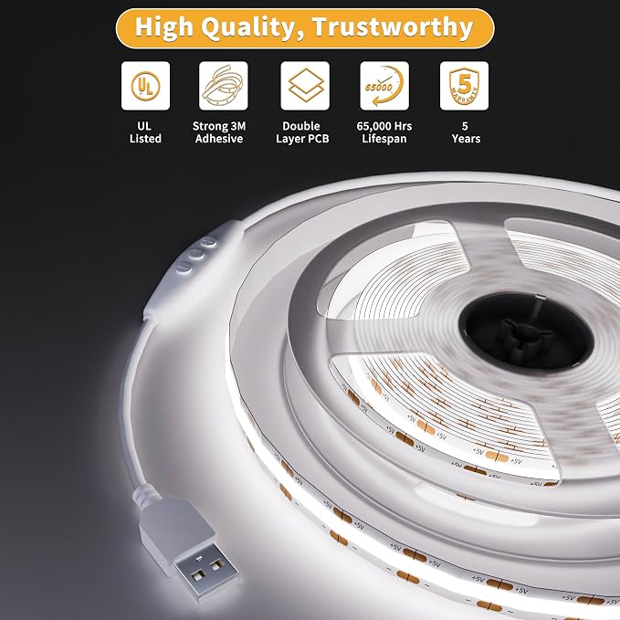 PAUTIX 5V USB COB LED Strip Light 6.56ft/2m 1200lm, Dimmable 640LEDs 6000K - Image 5