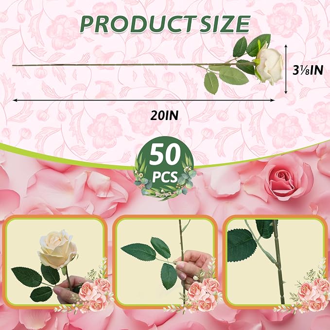 50 PCS Fake Champagne Roses, Artificial Flowers Bulk, Realistic Silk Roses | - Image 2