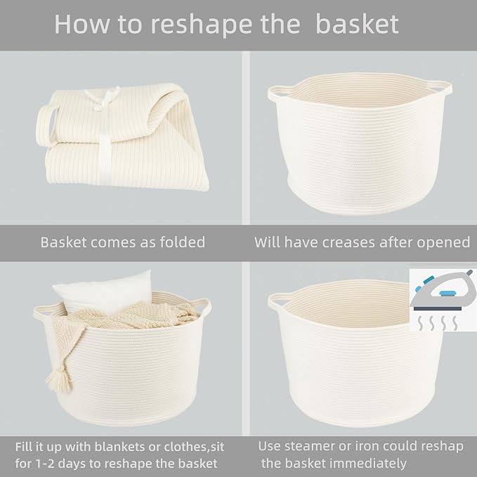 XUANGUO Extra Large Cotton Rope Round Storage Basket 22" x 14" White | Woven - Image 7
