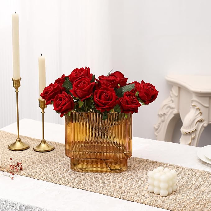 Ribbed Glass Vase, Amber Glass Vase, Fluted Short Vases - Image 5