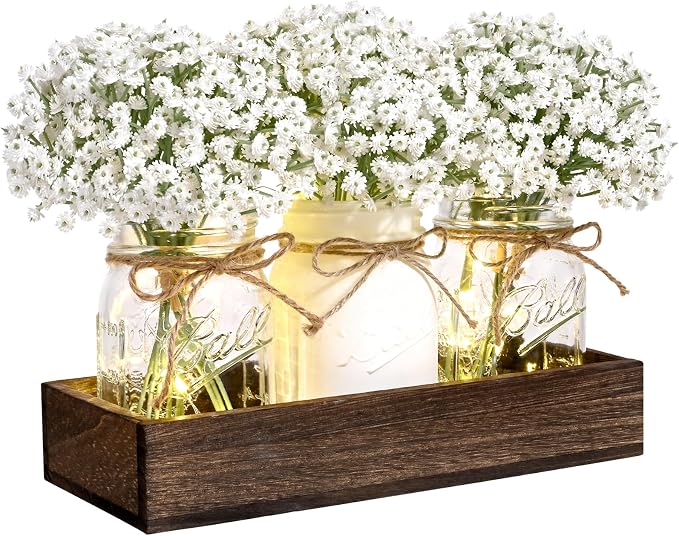 BLEUM CADE 3Pcs Mason Jar with Artificial Flowers Wood Tray and Light | Babys by BLEUMCADE
