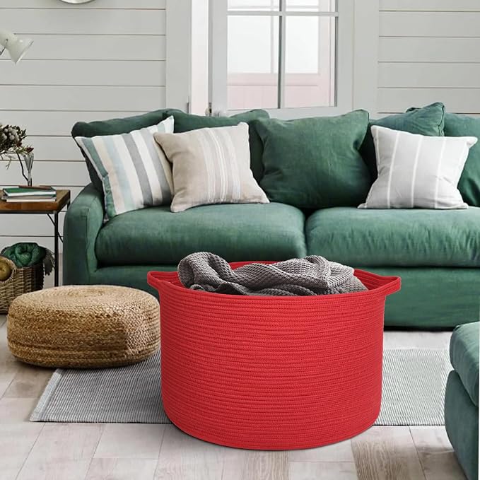 Extra Large Red Basket for Organizing, Baby Nursery Wicker Laundry Basket - Image 5