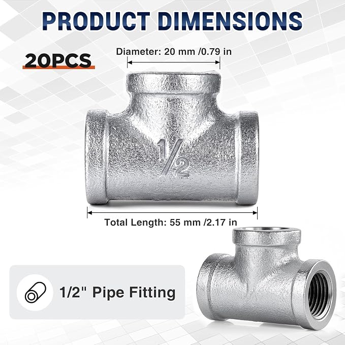 Cinnvoice 20 Pack 1/2" Galvanized Tee Pipe Fittings, Female NPT Threaded - Image 2