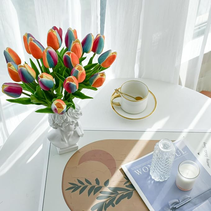 Mandy's 20pcs Artificial Rainbow Orange Tulips | 13.5 Inch Lifelike PU Tulips - Image 4
