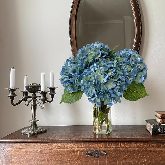 YalzoneMet 3 Pcs Blue/Green Hydrangea Artificial Flowers 21'' Real Touch Latex - Image 5